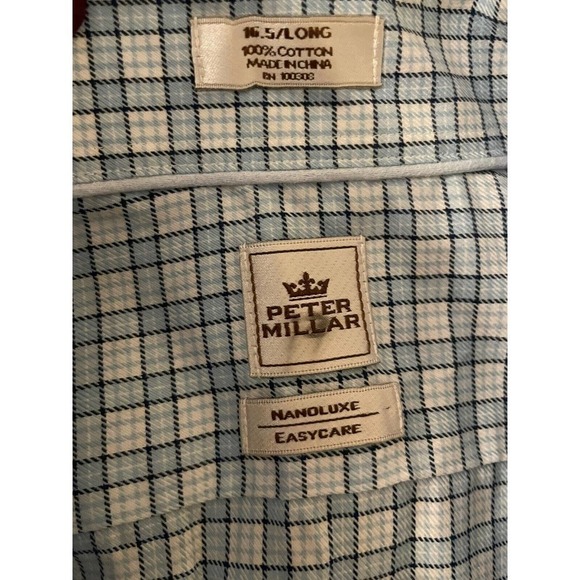 Peter Millar Nanoluxe Easycare Blue/White Plaid Button Up Shirt Men’s 16.5 Long - Picture 7 of 7